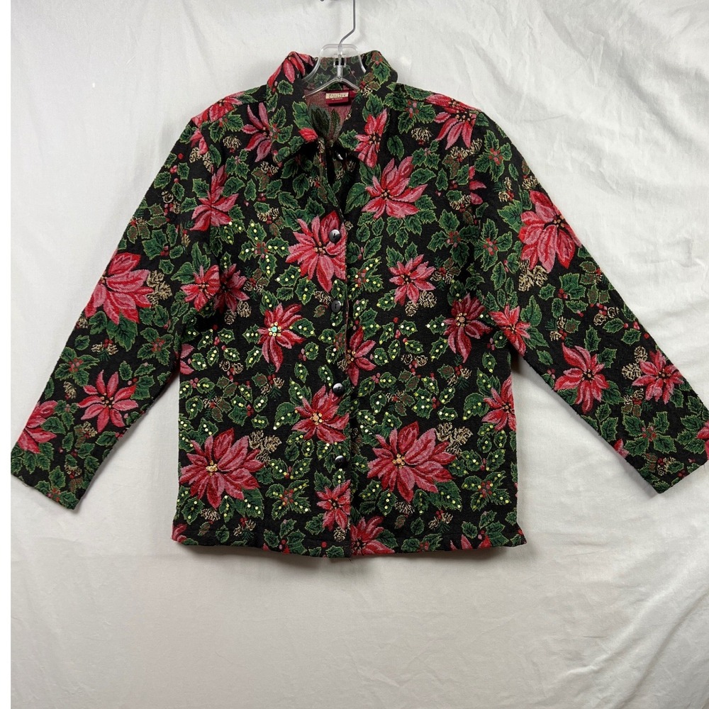 Tudor Court Tapestry Jacket Christmas Womens Small Black Red Poinsettia Holiday